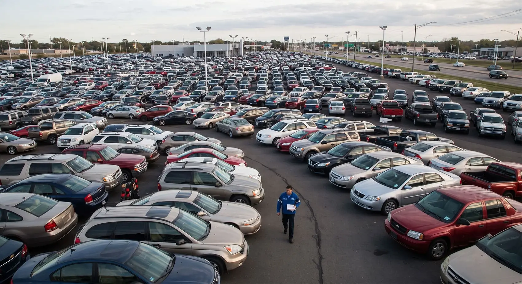 Rows of used cars fill a dealership lot, aerial view of surging inventory