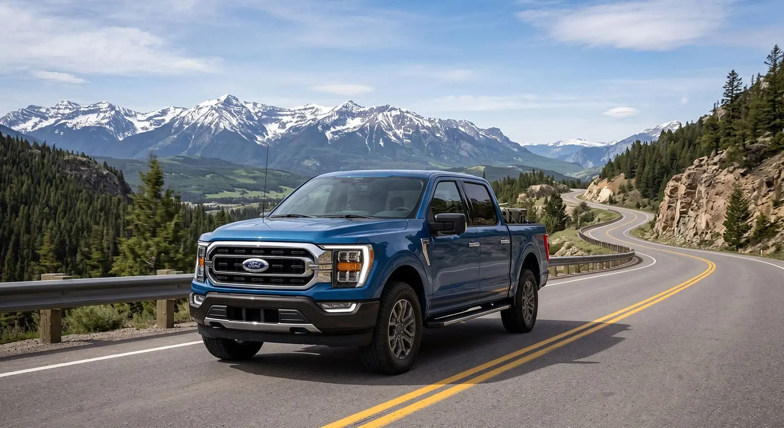 2026 Ford F-150 Lightning electric truck driving highway showcasing towing power