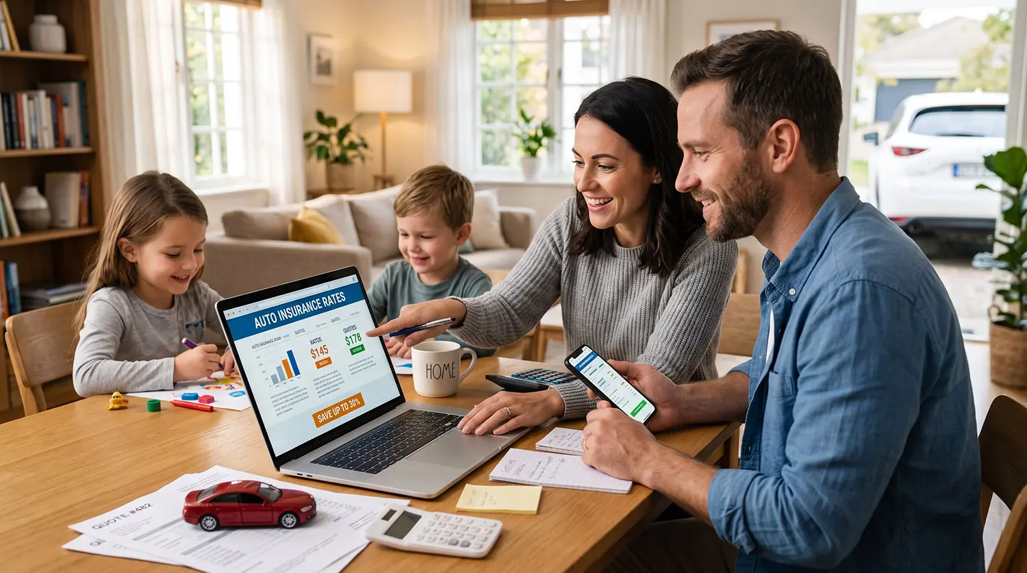 Family reviewing rising auto insurance rates at home to find ways to lower costs