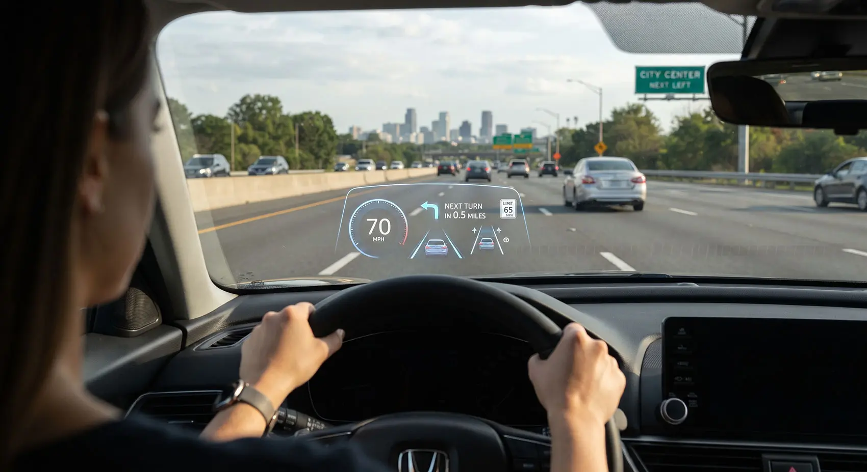 Driver reading head-up display info on the windshield with eyes kept on the road